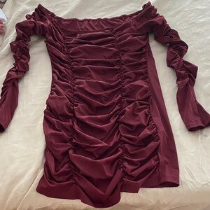 SHEIN Burgundy Ruched Long Sleeve Dress